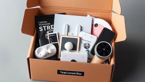 An image of a stylishly designed subscription box filled with telecom gadgets and accessories like wireless earbuds, portable routers, smartphone stands, and smart home devices, showcasing the curated selection and value of the TeleConnect Box service.