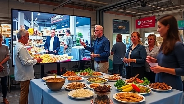 An enticing virtual tour setup with a screen displaying a bustling food market, a guide leading a group of participants through a tasting experience, and vibrant food samples arranged on a table, evoking the excitement and diversity of the TasteLocalVirtually tours.