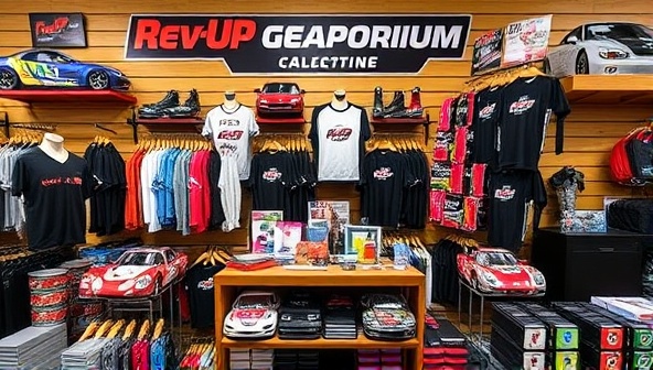A vibrant display of custom automotive merchandise at RevUp Gear Emporium, featuring stylish apparel, accessories, and collectibles showcasing iconic car designs and racing motifs, capturing the essence of automotive passion and style for enthusiasts and collectors.