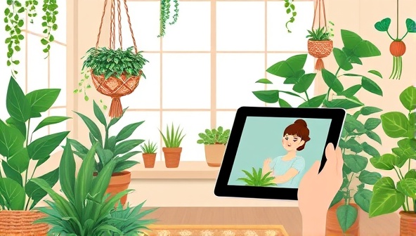 A digital illustration of a cozy indoor space filled with lush green plants, hanging macrame planters, and a virtual consultation session happening on a tablet screen, highlighting the blend of technology and nature in the online plant nursery experience.