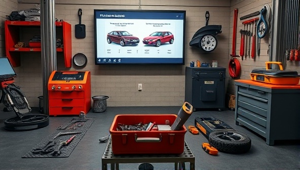 An interactive virtual workshop setup with a toolbox, car parts, and a digital screen displaying car maintenance diagrams, creating an immersive learning environment for participants.