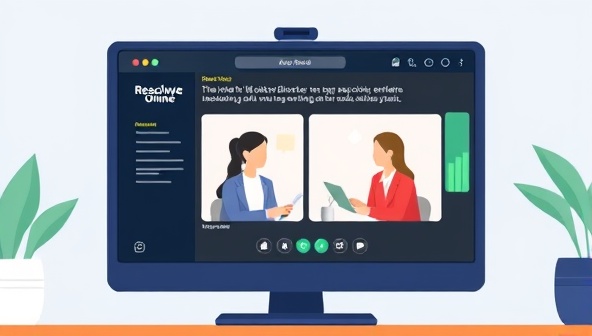 An illustrative depiction of ResolveNow Online's virtual dispute resolution platform interface on a computer screen, showing a mediated session between disputing parties facilitated by an online mediator, conveying the accessibility and efficiency of online dispute resolution services.
