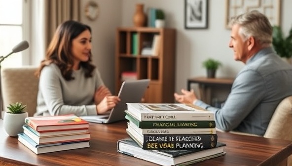 A cozy home office setup with a financial coach conducting a virtual coaching session with a client, both engaged in discussing financial goals and strategies while a stack of financial planning books sits on the desk, symbolizing personalized financial guidance and coaching.