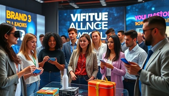 A captivating visual of a diverse group of virtual brand ambassadors representing different brands in a virtual world, interacting with virtual products and engaging with audiences in an immersive and dynamic digital environment, showcasing the innovative approach of VirtuAlliance in brand ambassadorship.