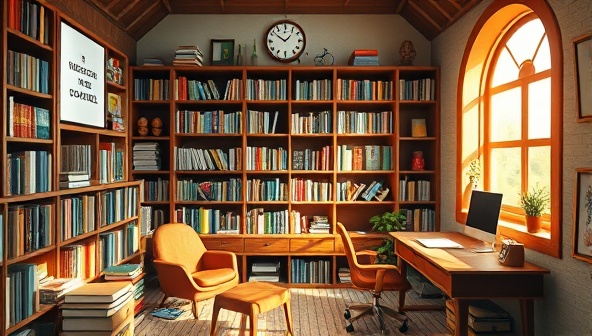 An artistic depiction of a virtual library filled with books, writing tools, and inspirational quotes, with a cozy reading nook and a writer's desk bathed in warm sunlight, inviting creativity and imagination, symbolizing the essence of creative writing coaching.