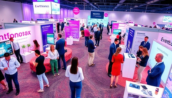 A vibrant virtual event scene with avatars of event planners and vendors interacting in a digital space, showcasing virtual booths, networking opportunities, and engaging activities, symbolizing the dynamic and innovative nature of EventVirtuoso.