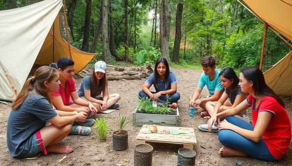 An outdoor camp setting with teenagers engaged in team-building activities, eco-conscious workshops, and sustainability projects, surrounded by natural elements and eco-friendly materials, illustrating the immersive and impactful experience offered by EcoVenture Teens' green entrepreneurship camps for teens.