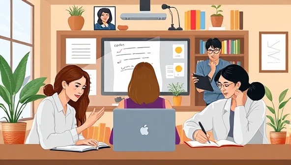 A digital illustration of a virtual writing workshop, showcasing a diverse group of participants engaged in a live online session with a professional writing coach, sharing ideas and receiving feedback in a dynamic and interactive setting.