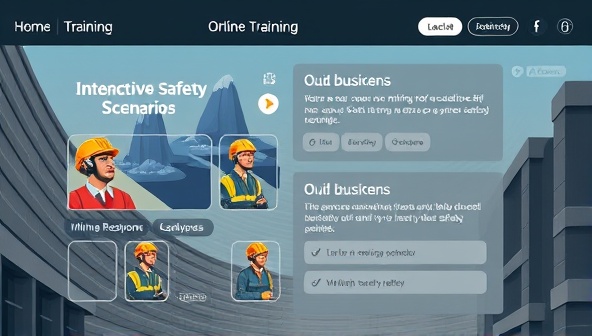 An engaging online training module interface displaying interactive safety scenarios and quizzes, with mining-specific graphics and illustrations to enhance the learning experience and emphasize practical application.