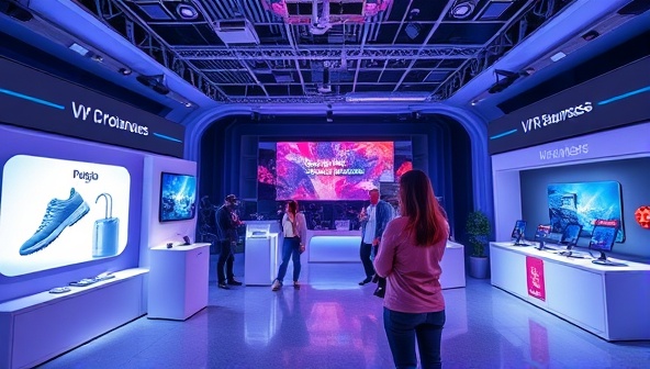 An immersive VR experience simulation, displaying a virtual world with branded elements, interactive product showcases, and engaged users exploring the virtual environment, illustrating the potential of VR marketing for businesses.
