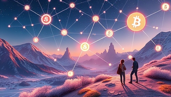 A futuristic digital landscape featuring interconnected nodes representing cryptocurrency transactions, with animated characters engaging in peer-to-peer lending activities through transparent and secure blockchain technology.