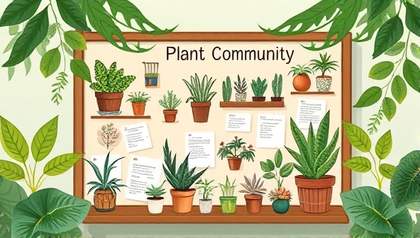 A digital illustration of a vibrant online plant community with diverse plant species, gardening tools, and plant care resources displayed on a virtual bulletin board, surrounded by greenery and botanical elements, fostering a sense of connection and shared passion for plants.