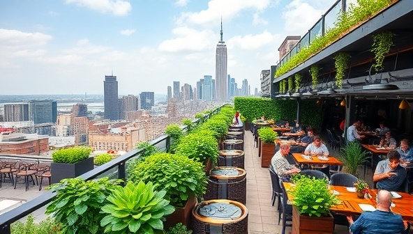 An aerial view of a bustling rooftop restaurant with lush greenery, vibrant crops growing in vertical planters, and diners enjoying fresh farm-to-table dishes against the backdrop of a city skyline, capturing the essence of urban agriculture and sustainable dining.