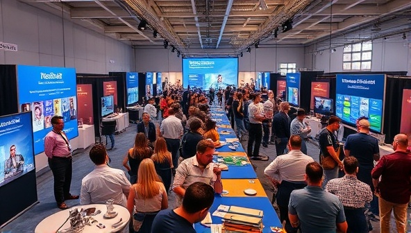 An immersive virtual event environment with interactive booths, engaging presentations, and a diverse audience participating in real-time discussions, showcasing the dynamic and engaging nature of virtual events on the platform.