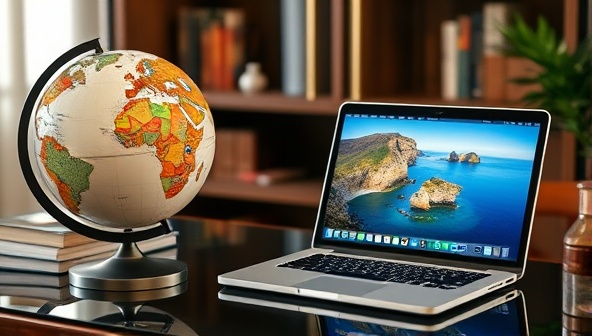 An elegant virtual travel office setup with a globe, travel guides, and a laptop displaying beautiful destination images, creating a sophisticated and personalized atmosphere for GlobeTrek Assist's virtual concierge services.