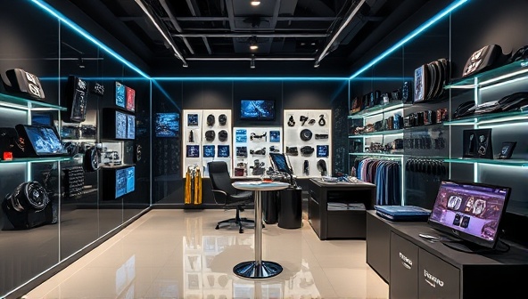 A sleek and modern boutique store displaying a variety of futuristic car tech gadgets, from smart dash cams and wireless charging stations to connected car accessories, creating a tech-forward and innovative retail experience for customers.