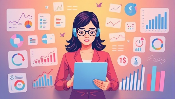 An artistic depiction of a virtual assistant surrounded by financial charts and graphs, assisting a user in managing their finances efficiently, illustrating the convenience and support provided by FinSavvy Aid.