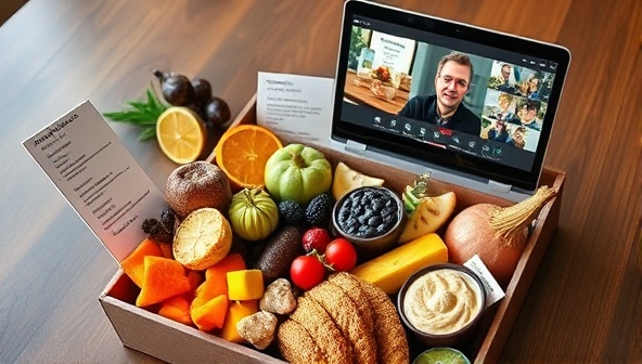 An assortment of colorful and exotic food items displayed in a beautifully arranged box, accompanied by tasting notes and a laptop showing a virtual tasting session in progress, evoking a sense of culinary discovery and excitement.