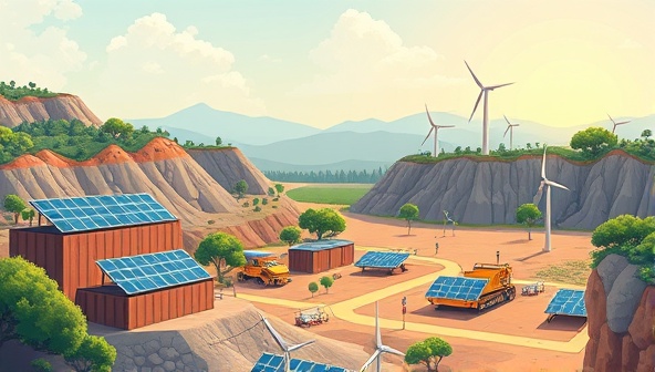 An illustration of a mining site with green technology installations, solar panels, and wind turbines integrated into the mining operation, showcasing a harmonious blend of nature and technology.
