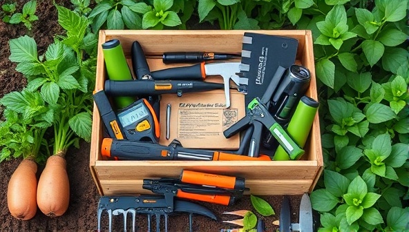 An assortment of cutting-edge agricultural tools and gadgets neatly arranged in a rustic wooden crate, surrounded by lush green foliage and farming implements, showcasing the diverse and practical contents of a FarmTech Crate subscription box.