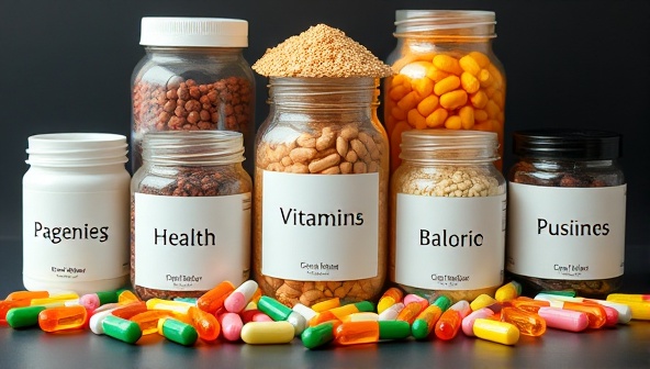 An assortment of colorful vitamin capsules and supplement powders neatly arranged in personalized jars, symbolizing health, customization, and care.