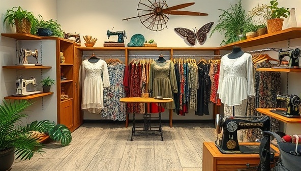 An elegant boutique setting with upcycled fashion pieces displayed on stylish mannequins and racks, surrounded by nature-inspired decor and vintage sewing machines, evoking a blend of modern elegance and eco-conscious style.