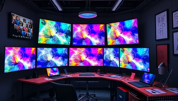 An artistic representation of a digital design studio workspace filled with screens displaying colorful AR filters, design sketches, and creative tools, evoking a sense of artistic flair and innovation at FilterFusion Studio.
