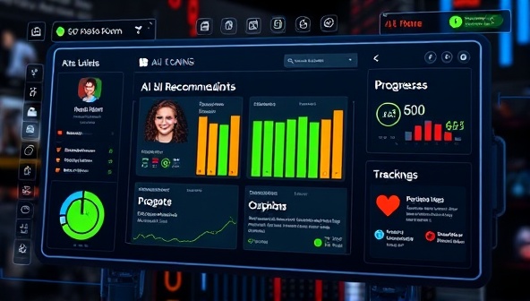 An engaging visualization of an AI interface displaying personalized health recommendations based on user data, with virtual coaching sessions and progress tracking tools integrated, illustrating a cutting-edge approach to individualized wellness through technology.