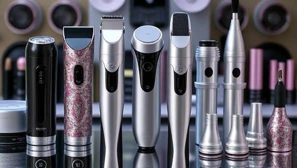 A sleek and stylish lineup of customized tech accessories for beauty devices, featuring chic skins, metallic decals, and futuristic attachments on a backdrop of modern beauty tech gadgets, highlighting the fusion of technology and fashion in the beauty industry.