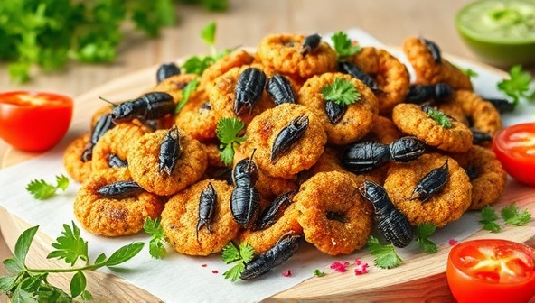 An artistic image featuring a variety of insect-based snacks creatively presented on a modern platter, surrounded by fresh herbs and vibrant garnishes, highlighting the eco-friendly and nutritious aspect of EcoGrubs products.