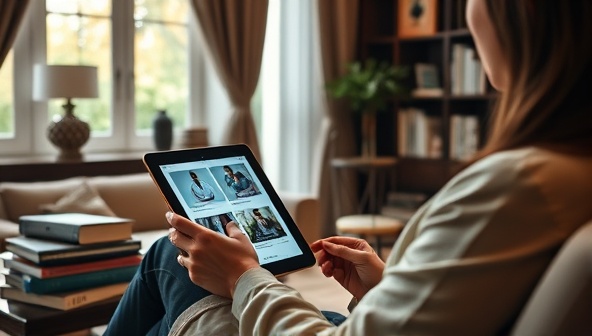 An elegant home setting with a person consulting a healthcare concierge via a sleek tablet, surrounded by medical books and a digital interface displaying healthcare services, portraying a seamless and high-end telemedicine experience.
