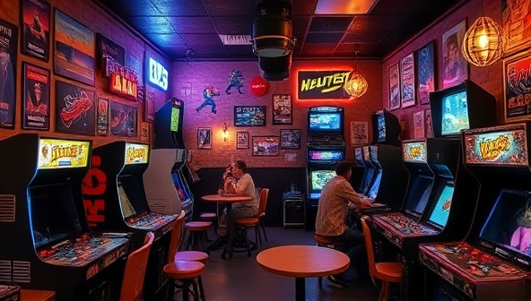 A cozy retro gaming cafe interior featuring vintage arcade machines, retro gaming posters, neon lights, and nostalgic gaming memorabilia, with customers enjoying classic games and socializing in a vibrant and retro-themed setting, evoking a sense of nostalgia and community.