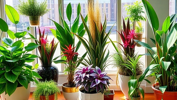 An assortment of vibrant and lush indoor plants displayed in decorative pots and planters, set against a backdrop of a sunlit room, creating a serene and inviting indoor garden ambiance.