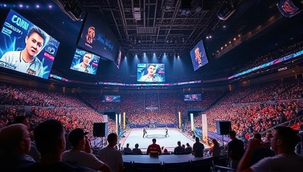 An e-sports arena filled with cheering fans, giant screens displaying intense gaming action, and players competing in a high-stakes e-sports tournament, capturing the excitement and energy of the e-sports betting exchange platform.