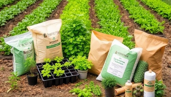 An assortment of biodegradable agricultural packaging materials displayed in a farm setting, including seedling trays, mulch films, and fertilizer bags, surrounded by vibrant crops and greenery, symbolizing sustainability and innovation in farming practices.