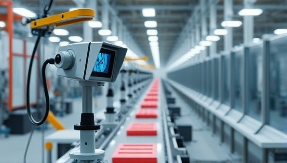 An AI-powered inspection system scanning a production line with precision and speed, highlighting the real-time quality control capabilities and efficiency of the AI tool in a manufacturing environment.