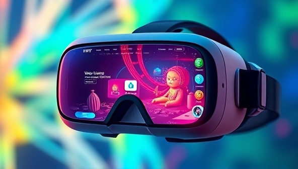 A visually striking VR headset displaying a vibrant and interactive web design environment with 3D elements and animations, illustrating the futuristic approach of VR WebScape in revolutionizing web design.