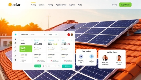 An engaging platform interface showcasing a user-friendly dashboard with solar panel installation options, customer reviews, and installer profiles, set against a backdrop of a sunny rooftop with solar panels, emphasizing sustainability and clean energy.