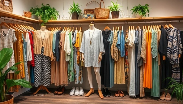 A chic and sustainable fashion scene featuring a diverse array of stylish rented outfits displayed on racks and mannequins, accessorized with trendy recycled accessories and eco-conscious footwear, against a backdrop of eco-friendly decor elements and lush greenery, encapsulating the essence of sustainable fashion choices with EcoChic Closet.