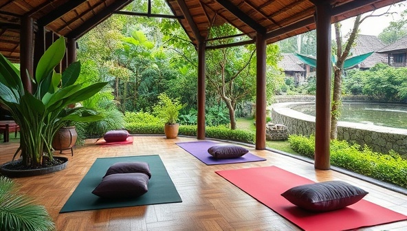 A tranquil wellness retreat setting with lush greenery, yoga mats, meditation cushions, and serene natural surroundings, inviting travelers to relax, unwind, and connect with their inner peace, reflecting the essence of holistic wellness and mindful travel experiences.