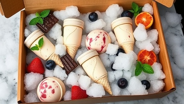 An elegant and sophisticated ice cream delivery box presentation with a variety of artisanal ice cream pints nestled in dry ice, surrounded by fresh fruits, chocolate shavings, and mint leaves, creating a luxurious and refreshing dessert experience, reminiscent of a gourmet ice cream parlor.