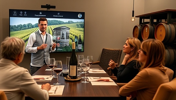 A virtual wine tasting setting with a sommelier presenting different wine bottles, tasting notes displayed on the screen, participants savoring the wines in their homes, and a backdrop of vineyards and wine barrels, creating a refined and immersive wine tasting atmosphere.