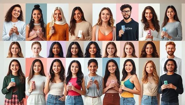 An array of virtual influencer avatars representing diverse styles and personas, each posing with branded products or engaging in virtual interactions, illustrating the versatility and creativity of VirtuaTrend Agency's virtual influencer marketing services.