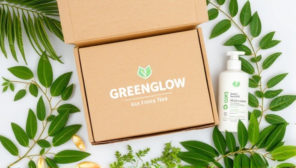 An aesthetically pleasing flat lay of a GreenGlow Box filled with eco-friendly beauty products, surrounded by fresh green leaves and natural elements, conveying a sense of sustainability and beauty combined.