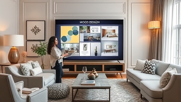 An elegant digital representation of a virtual interior design consultation session with a designer presenting mood boards, color schemes, and furniture layouts on a screen, surrounded by design samples and decor elements, illustrating the personalized and interactive nature of the virtual design services offered.