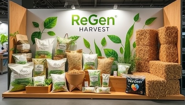 An array of eco-friendly products made from upcycled agricultural waste, including biodegradable packaging, nutrient-rich fertilizers, and sturdy building materials, displayed in a modern and environmentally conscious setting, highlighting the sustainability and innovation of ReGen Harvest.