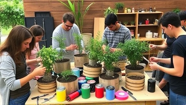 A hands-on workshop setting with participants creatively crafting planters from recycled agricultural materials, surrounded by tools, paints, and greenery, fostering a sense of community engagement and sustainable creativity in upcycling.
