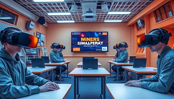 A futuristic classroom setting with virtual reality headsets and interactive mining simulations, illustrating the cutting-edge learning experience offered by Digitech Miners Academy.