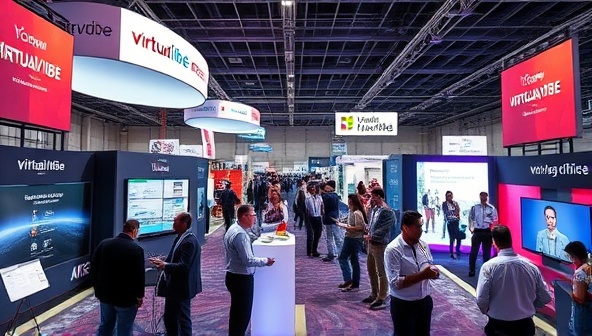 An immersive digital event space with virtual booths, interactive presentations, and engaged attendees networking and participating in virtual activities, capturing the dynamic and vibrant atmosphere of VirtualVibe events.
