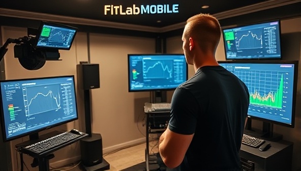 A professional fitness expert conducting a mobile lab test at a client's home, surrounded by advanced testing equipment and screens displaying detailed fitness data, illustrating the convenience and accuracy of the FitLab Mobile service for optimizing performance and wellness.